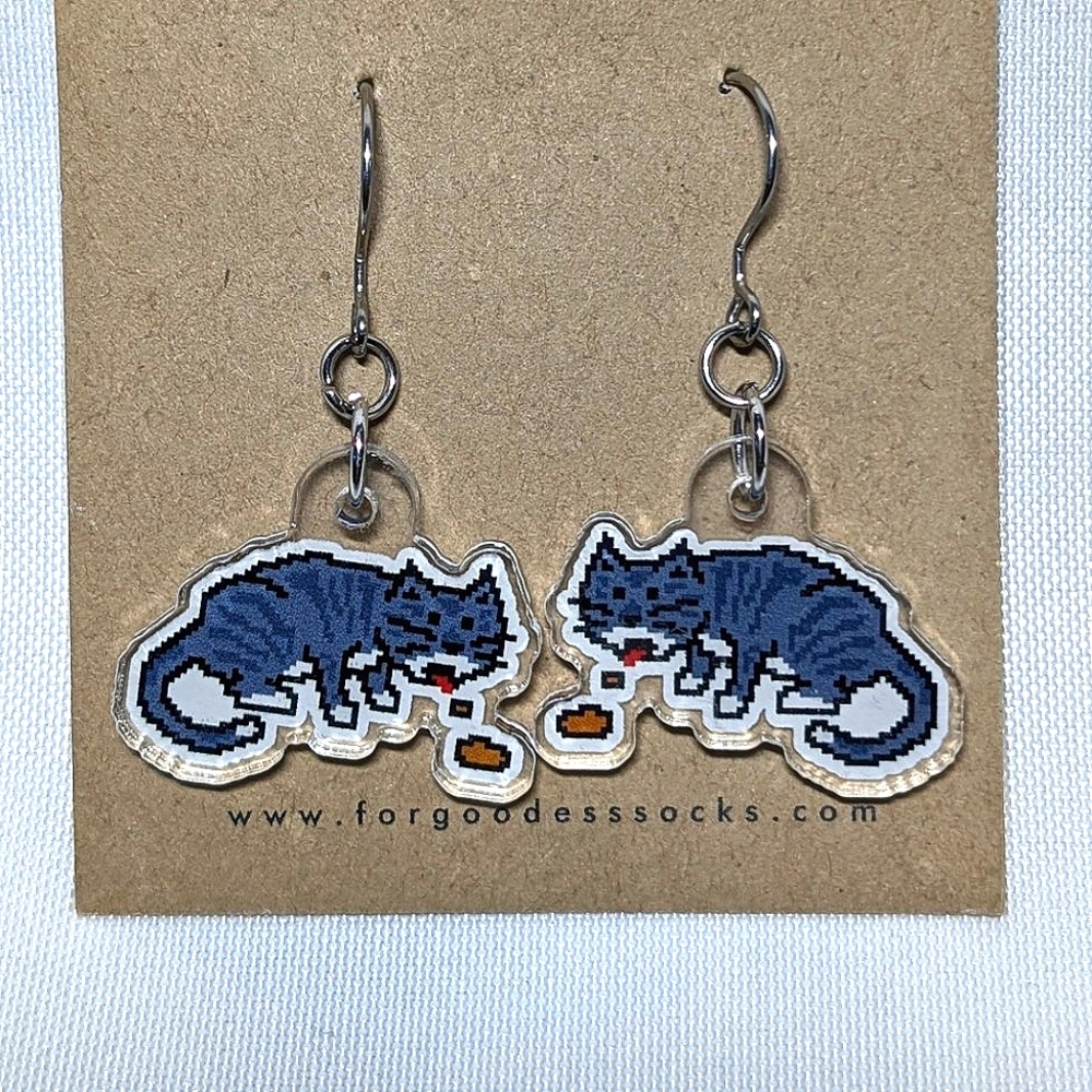 NWT - Cat Vomit Dangle Earrings - Funny Pixelated Gray Tabby Cat. Acrylic, Steel